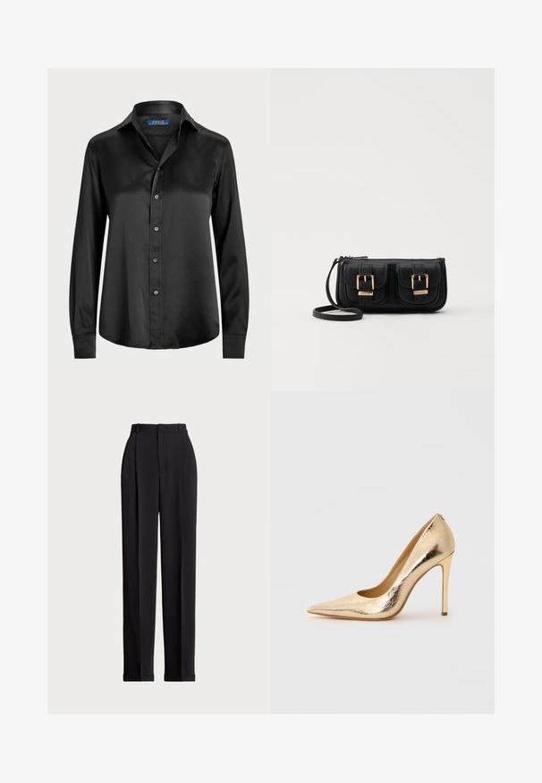 Sort langærmet skjorte i glat stof med knaplukning foran, spids krave og skræddersyet pasform med en afrundet kant.; Sorte skrædderbukser med høj talje, der har folder fortil, en lige benlængde og ombukket kant. Lavet af glat stof.; Skinnende guld spidse tå højhælede sko med en slank stilettohæl på en ensfarvet lys baggrund.; Sort læder crossbody taske med to frontlommer, guldspænder, lynlåslukning og en slank rem. Struktureret overflade og kompakt rektangulær form.