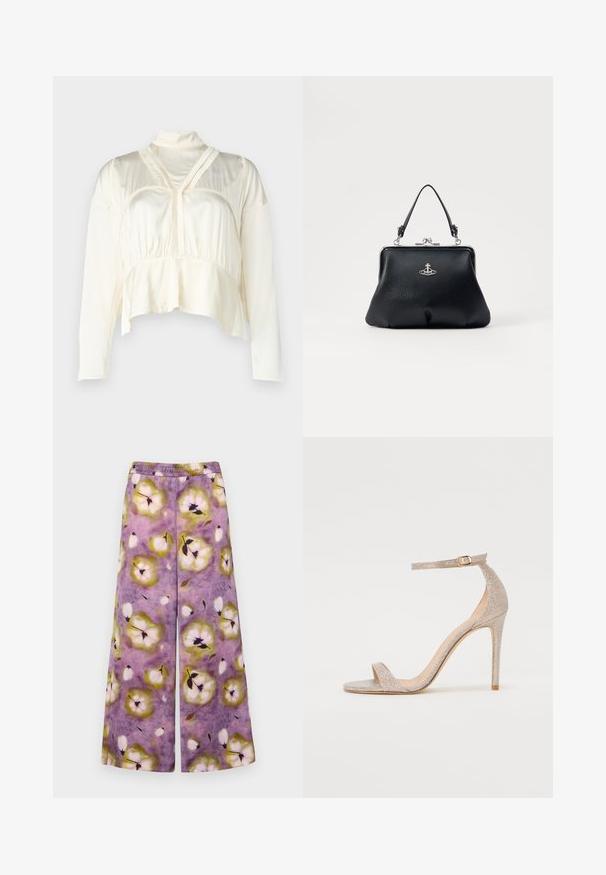 Blusa crema tagliata con maniche lunghe, colletto alto, dettagli plissettati lungo il petto e un tessuto liscio e testurizzato.; MAX&Co. ACRUX - Pantaloni - lila; Sandalo con tacco alto e cinturino in oro rosa metallico, caratterizzato da una tomaia testurizzata, punta aperta e cinturino alla caviglia con dettaglio in nappa dorata.; Borsa a tracolla in pelle nera con superficie texturizzata, accessori in argento, chiusura a scatto e manico corto per il trasporto. Design compatto e strutturato.