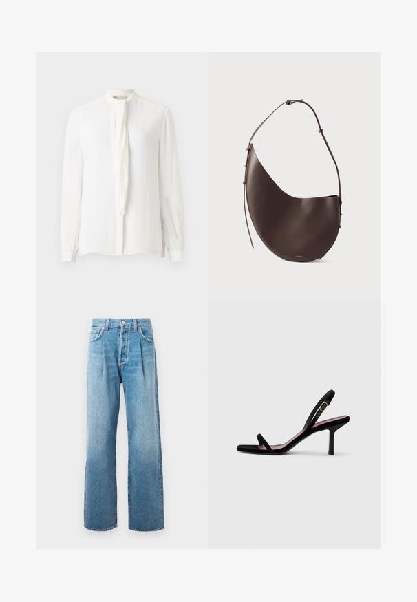 Bílá halenka s dlouhým rukávem a vysokým límcem, s tenkým krčním šátkem. Vyrobena z hladké tkaniny, se nařasenými manžetami a zapínáním na knoflíky vpředu.; Svetle modré džíny s vysokým pasem a rovnými nohavicemi, s předními sklady, pěti kapsami, zapínáním na knoflík a viditelným šitím na bílém pozadí.; Černé semišové dámské sandály na vysokém podpatku s úzkými popruhy a zlatou sponou na bílém pozadí, boční pohled.; Hnědá kožená kabelka s zakřiveným tvarem, jedním popruhem a minimalistickým designem. Obsahuje nenápadné logo a zlaté kovové prvky.