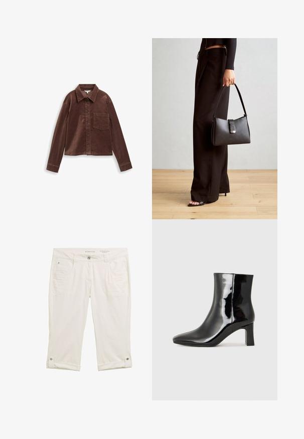Camicia di velluto a coste marrone con colletto, chiusura a bottoni e taschino frontale. Presenta maniche lunghe e un design corto. Texture morbida.; Pantaloni bianchi a tre quarti con un tessuto leggermente testurizzato. Presentano tasche frontali, chiusura con bottone e orli arrotolati fissati con bottoni automatici.; Stivaletto in pelle verniciata nera con punta a punta e tacco a blocco di altezza media. Texture liscia e design minimalista.; Borsa nera con forma strutturata, texture liscia e una chiusura metallica. Abbinata a pantaloni neri larghi e sandali open-toe su un pavimento in legno.