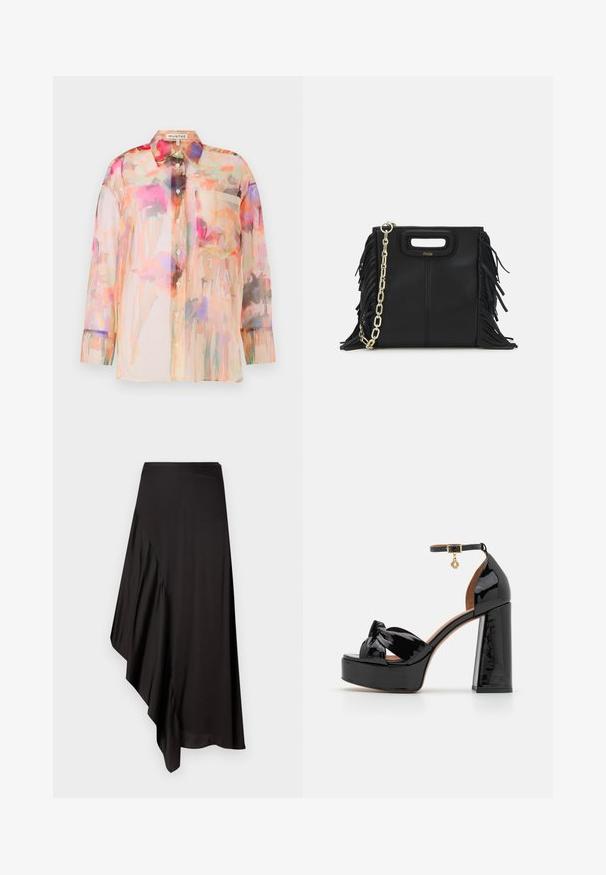Priehľadná blúzka s dlhými rukávmi v pastelových farbách s kvetinovým akvarelovým vzorom, osadená golierom, prednými gombíkmi a vreckom na hrudi.; AERON ASTER SKIRT - Puzdrová sukňa - black; Maje Sandále na vysokom opätku - noir; Čierna kožená kabelka s strapcami, zlatým reťazovým ramenným popruhom a vykrojenou rukoväťou. Na prednej strane sa nachádza logo.