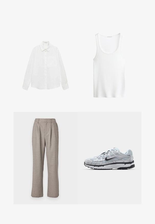 Bela srajca z dolgimi rokavi in gumbom, izdelana iz lahkega materiala, s klasičnim ovratnikom, enim žepom na prsih in ravnim robom.; Bela rebrasta majica s širokimi naramnicami in globokim izrezom. Mehka tkanina in šivani robovi. Preprost, oprijet dizajn.; Karirane visokorasle hlače v bež in črni barvi, s sproščenim krojem, naborki in stranskimi žepi. Gladka tekstura in široki nogi.; Nike P-6000 športni copati z lahkim sivim mrežastim zgornjim delom, črnimi dodatki in trdim črnim gumijastim podplatom. Imajo zapleten dizajn in sistem vezalk.