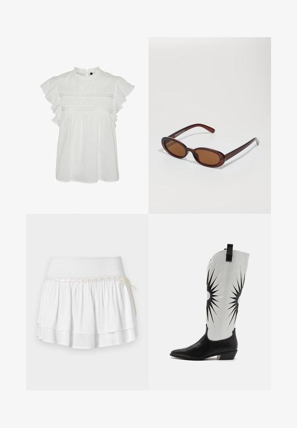 Balta blūze ar īsām frillētām piedurknēm, ar apaļu kakla izgriezumu un dekoratīvām mežģīnēm krūšu rajonā. Visā blūzē ir punktiņu tekstūra.; Balta daudzslāņu svārku ar elastīgu jostu, ar teksturētu smokošanas detaļu un dekoratīvu lentu. Kokvilnas audums.; Melni ādas kovboju zābaki ar augstu baltu kāju, kuram ir melni zvaigžņu formas izgriezumi. Norādīts purns un neliels, kvadrātveida papēdis.; Apaļas, brūnīgi nokrāsotas saulesbrilles ar spīdīgu bordo rāmīti. Šauri kāti ar diskrētu zīmola detaļu. Plakana objektīva dizains.