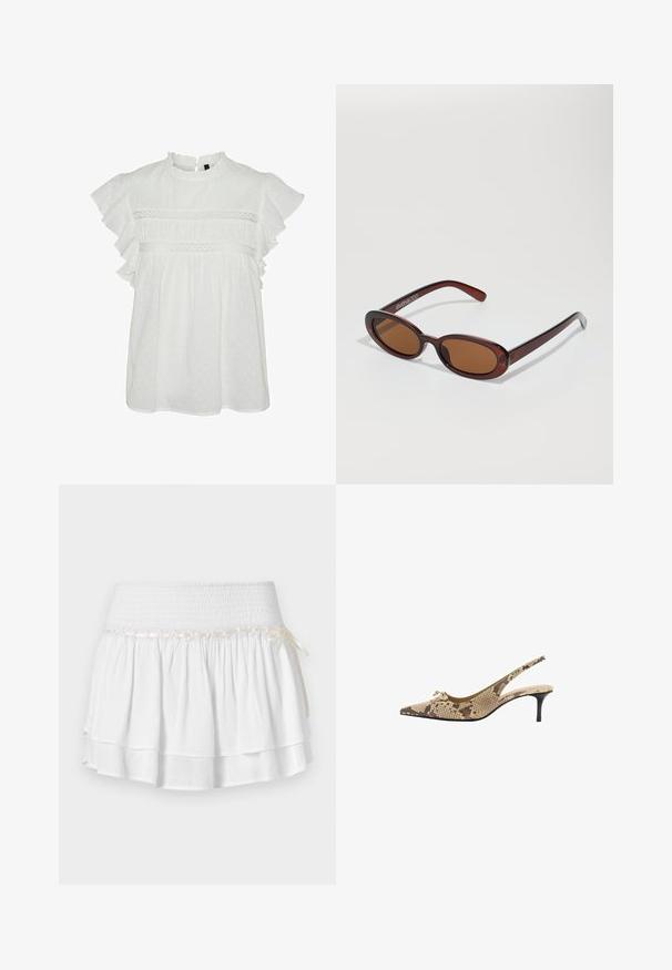 Blusa bianca con maniche corte a volant, caratterizzata da un colletto rotondo e un prezioso bordo in pizzo sul petto. Texture a pois in tutto il capo.; Gonna bianca a strati con vita elastica, caratterizzata da un dettaglio in smocking testurizzato e un nastro decorativo. Tessuto di cotone.; Mango Decolleté - beige; Occhiali da sole rotondi con tonalità marrone, montatura lucida color bordeaux. Aste sottili con un sottile dettaglio del marchio. Design delle lenti piatte.
