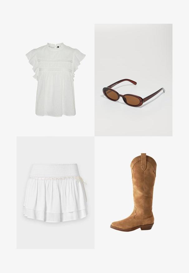 Biela blúzka s krátkymi volánovými rukávmi, s okrúhlym výstrihom a dekoratívnou čipkovou aplikáciou na hrudi. Cez celý materiál sa tiahne bodkovaný vzor.; Biela tiered sukňa s elastickým pásom, s textúrovaným smockovaním a dekoratívnou stuhou. Bavlnená látka.; Hnedé semišové čižmy po kolená s špicatou špičkou, zakriveným vrchom a malým podpätkom. Majú dekoratívne prešitie po stranách.; Okrúhle slnečné okuliare s hnedým nádychom a lesklým burgundským rámom. Úzke ramená s jemným brandovaním. Plochej šošovky dizajn.