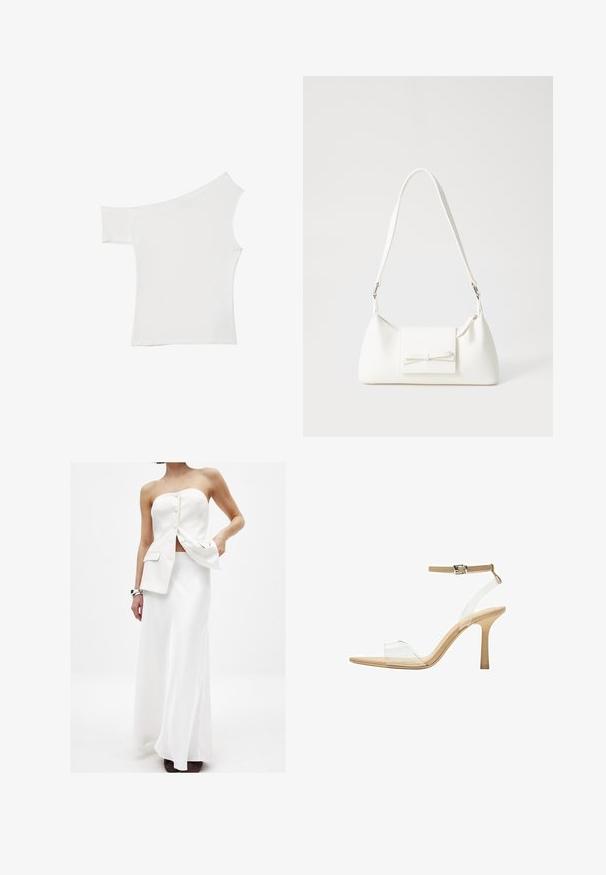 Haut blanc asymétrique en tissu satin, comportant une manches courte et un design dénudé d'épaule, avec un look propre et minimaliste.; Tenue blanche en deux pièces comprenant un haut sans manches avec des boutons et des poches, associé à une longue jupe fluide. Tissu lisse et lignes épurées.; Sandale à talon transparent avec un supérieur transparent, semelle beige et une fine bride de cheville. Dispose d'un bout pointu et d'un fin talon haut.; Sac à main synthétique blanc en forme triangulaire, avec un rabat avant plat et un détail en nœud, une bandoulière ajustable, une texture lisse et un design minimaliste.