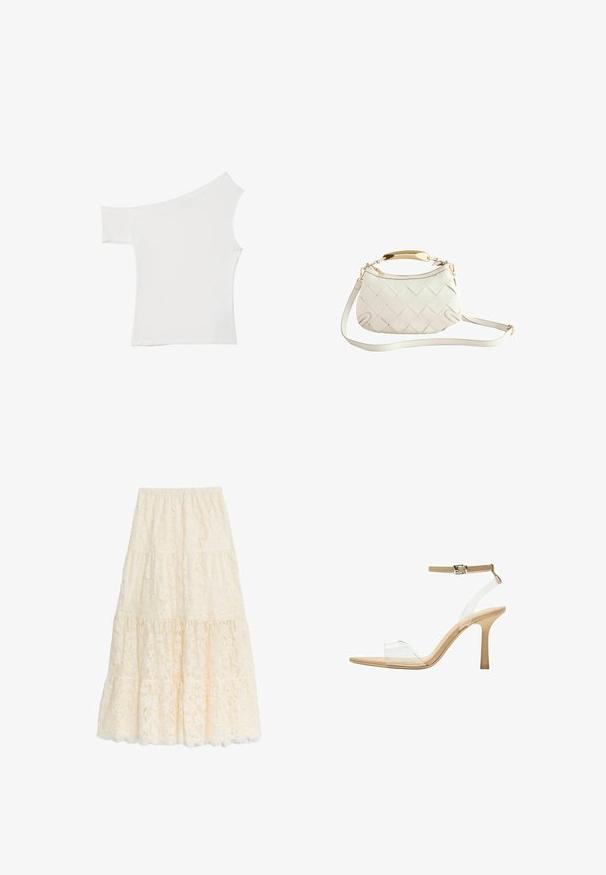 Asymmetrisches weißes Top aus glattem Stoff, mit einem kurzen Ärmel und einem schulterfreien Design, das einen sauberen, minimalistischen Look bietet.; Maxi-Rock aus weichem Elfenbein mit einem gestuften Design, gewelltem Saum, elastischem Bund und floralem Spitzenmuster.; Durchsichtige Sandale mit transparentem Obermaterial, beigem Fußbett und einem schlanken Knöchelriemen. Sie hat eine spitz zulaufende Zehenpartie und einen dünnen, hohen Absatz.; Weißer geflochtener Lederhandtasche mit einem goldfarbenen Griff, abnehmbarem Schulterriemen und abgerundetem Boden. Verfügt über einen Reißverschlussverschluss oben.
