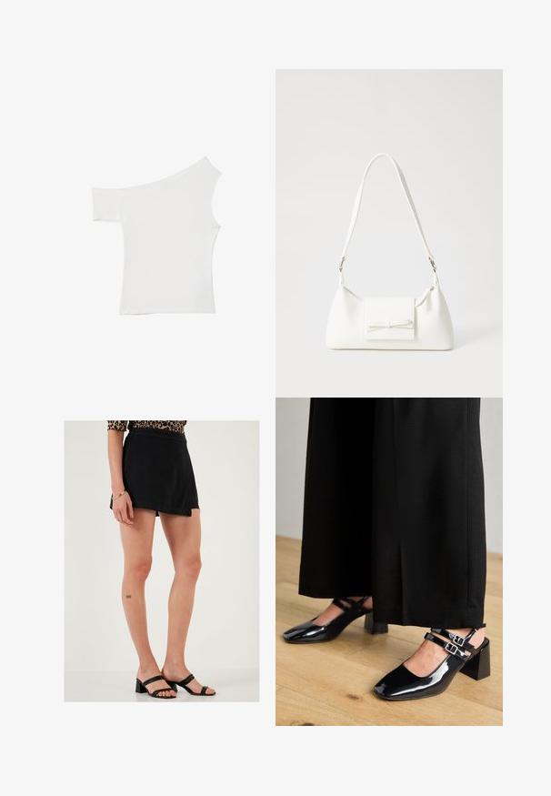 Asymetrický biely top vyrobený z hladkého materiálu, s jedným krátkym rukávom a jedným dizajnom bez ramena, so štýlovým a minimalistickým vzhľadom.; LELA Šortky - black; Čierne lakkové slingback topánky so štvorcovými špičkami, s dvojitými nastaviteľnými remienkami na členkoch a blokovým podpätkom. Hladký, lesklý povrch.; Biela syntetická kabelka s trojuholníkovým tvarom, plochým predným klapkou a detailom mašle, nastaviteľným popruhom, hladkou textúrou a minimalistickým dizajnom.