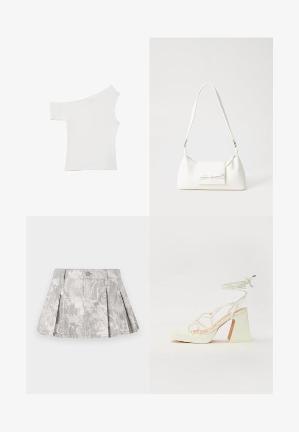 Asimetrična bela majica iz gladkega blaga, ki ima en kratek rokav in en dizajn brez ramena, s čistim, minimalističnim videzom.; Sivkasti denim krilo z gubami, ki prikazuje subtilen listnat vzorec v svetlejših odtenkih. Klasičen kroj s pasom in zapiranjem na kovinsko gumb.; Bela sandala na visokih petah s debelim petam, ki ima obliko trakcev in vezanje okoli gležnja. Gladka tekstura z platformo spredaj za dodatno višino.; Bela sintetična torbica v obliki trikotnika, z ravnim sprednjim poklopcem in detajlom mašne, nastavljivim trakom, gladko teksturo in minimalističnim dizajnom.