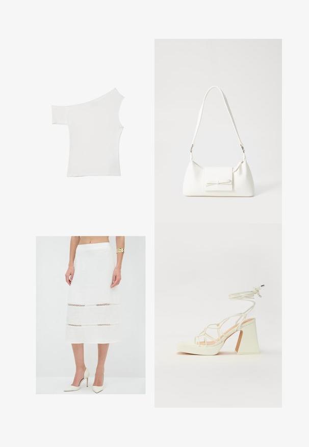 Asymmetrisk hvid top lavet af glat stof, med én kort ærme og en off-shoulder design, med et rent, minimalistisk udseende.; Hvid linned nederdel med lige snit, der har hækledetaljer i to horisontale bånd. Færdig kant og glat tekstur.; Hvide højhælede sandaler med en kraftig hæl, der har et stropdesign og ankelbinding. Glat tekstur med en platform foran for ekstra højde.; Hvid syntetisk håndtaske med en trekantet form, flad forsideklap og sløjfedetalje, justerbar strop, glat tekstur og minimalistisk design.