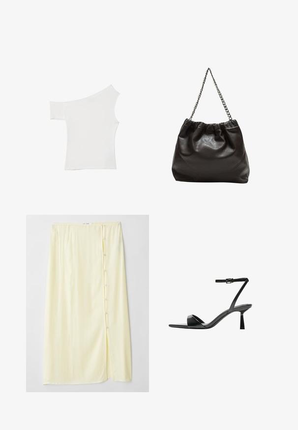 Asymmetrisches weißes Top aus glattem Stoff, mit einem kurzen Ärmel und einem schulterfreien Design, das einen sauberen, minimalistischen Look bietet.; Lange, blassgelbe Rock aus weichem Stoff mit seitlichem Schlitz und Knopfverschluss, der eine glatte Textur und eine lockere Passform aufweist.; Bershka High Heel Sandalette - black; Braune Lederhandtasche mit gerafftem Oberteil und Kettenriemen. Glatte Textur mit glänzendem Finish und subtilen Nahtdetails an den Seiten.