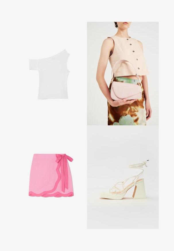 Asymetryczna biała bluzka wykonana z gładkiego materiału, z jednym krótkim rękawem i jednym odkrytym ramieniem, o czystym, minimalistycznym wyglądzie.; Różowa lniana spódnica w kroju okrycia z falbaniastym dołem, z kontrastowym, ciemniejszym różowym paskiem w talii i gładką teksturą.; Biała sandał na wysokim obcasie z masywnym słupkiem, z paskowym wzorem i wiązaniem przy kostce. Gładka faktura z platformą z przodu dla dodatkowej wysokości.; Różowa skórzana torebka z zakrzywioną klapą, pojedynczym paskiem na ramię i prostymi liniami. Torebka charakteryzuje się gładką teksturą i minimalistycznym designem.