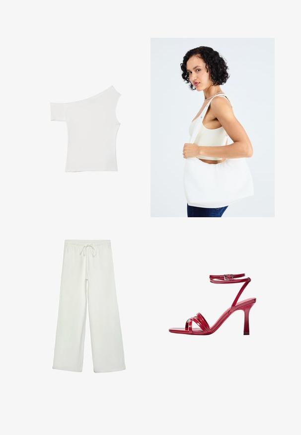 Asymmetrisk vit topp i mjukt tyg, med en kort ärm och en off-shoulder design, med ett rent och minimalistiskt utseende.; Vita vida byxor i mjukt tyg. Har en elastisk midja med dragsko och en slät yta. Inga synliga mönster eller metalldetaljer.; Röda lackläderssandaler med hög klack och remdesign, med en enkel spänne vid ankeln och en avsmalnande klack för stabilitet.; Vit axelväska i slätt material, med ett ovalt utskärning och bred bärremdesign. Enkel och modern utan synlig hårdvara.