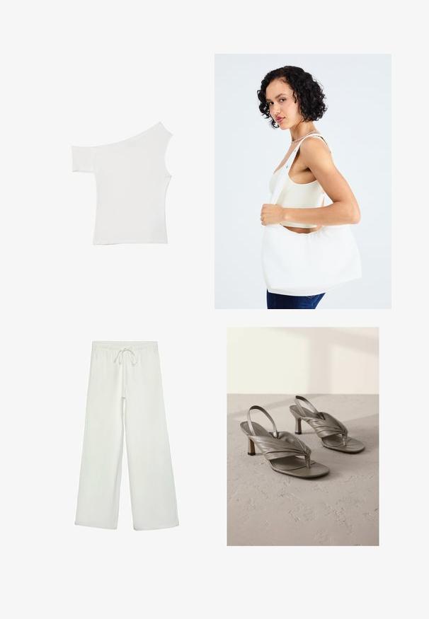 Haut blanc asymétrique en tissu satin, comportant une manches courte et un design dénudé d'épaule, avec un look propre et minimaliste.; Pantalons larges blancs en tissu doux. Dotés d'une taille élastique avec cordon de serrage et d'une texture lisse. Aucuns motifs visibles ni éléments en métal.; Sandales à talons hauts en cuir gris à dos ouvert avec des brides avant torsadées et des orteils carrés, présentant un petit talon bloc et une surface texturée.; Sac à épaule blanc en matériau lisse, doté d'une découpe ovale et d'une large sangle. Simple et moderne, sans quincaillerie visible.