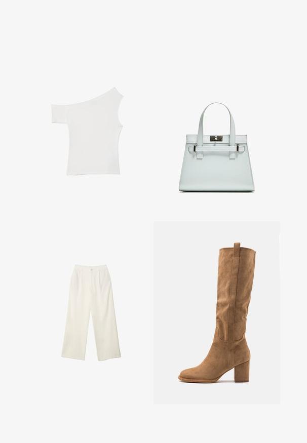 Haut blanc asymétrique en tissu satin, comportant une manches courte et un design dénudé d'épaule, avec un look propre et minimaliste.; Pantalons à jambes larges en tissu crème avec une texture lisse, dotés d'un seul bouton à l'avant, de plis subtils et d'un design taille haute.; Botte en daim beige hauteur genou avec un talon bloc, présentant des accents cousus et une silhouette épurée pour un look moderne.; Sac à main bleu clair au design structuré, avec deux anses et un fermoir en métal argenté. Matériau texturé et angles vifs.