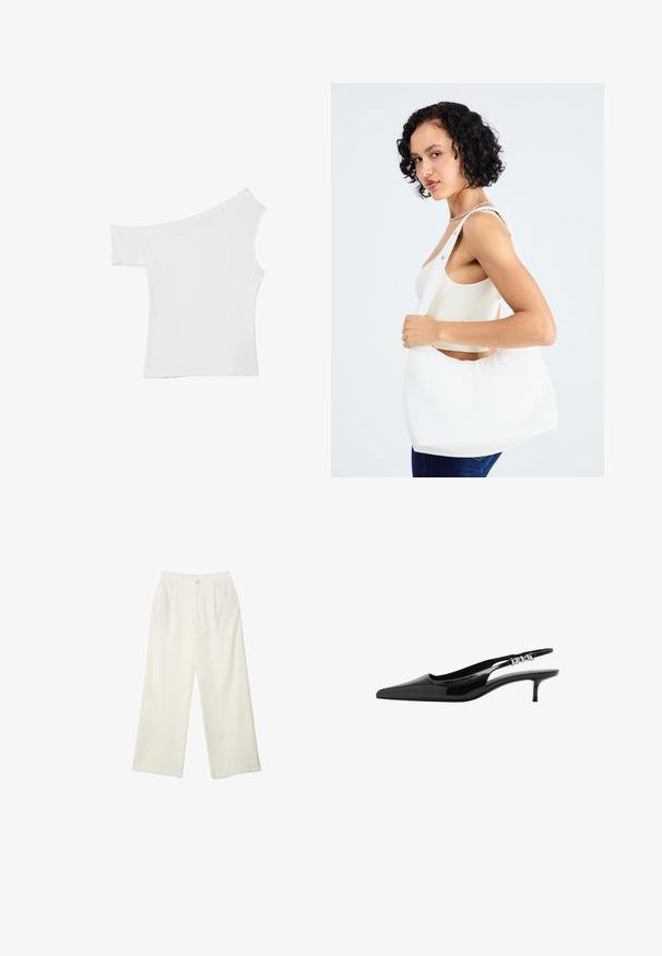 Top bianco asimmetrico realizzato in un tessuto morbido, con una manica corta e un design una spalla scoperta, caratterizzato da un look pulito e minimalista.; Pantaloni a gamba larga in tessuto crema con una texture liscia, caratterizzati da un singolo bottone frontale, pieghe sottili e un design a vita alta.; Scarpa slingback in pelle verniciata nera con punta appuntita e tacco basso. Presenta un accento metallico lungo la cinghia per un tocco di dettaglio in più.; Borsa a spalla bianca realizzata in materiale morbido, con un ritaglio ovale e un design a tracolla ampia. Semplice e moderna, senza hardware visibili.