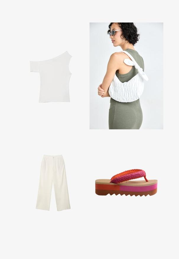 Asymmetrisk hvid top lavet af glat stof, med én kort ærme og en off-shoulder design, med et rent, minimalistisk udseende.; Bredde bukser i cremefarvet stof med en glat tekstur, der har en enkelt knap foran, diskrete folder og design med høj talje.; Platform flip-flop med flerfarvet vævet rem i orange og pink. Tekstureret tan fodseng og klokket sål i brune, pink og koral-striber.; Hvid quiltet taske med glat tekstur og bundet sløjfeforhæng, båret slænget over skulderen. Model i olivengrøn kjole med buet halsudskæring.; Hvid perlekæde bestående af varierende størrelser af glinsende runde perler med en guldfarvet lobsterlås og justerbar kæde.