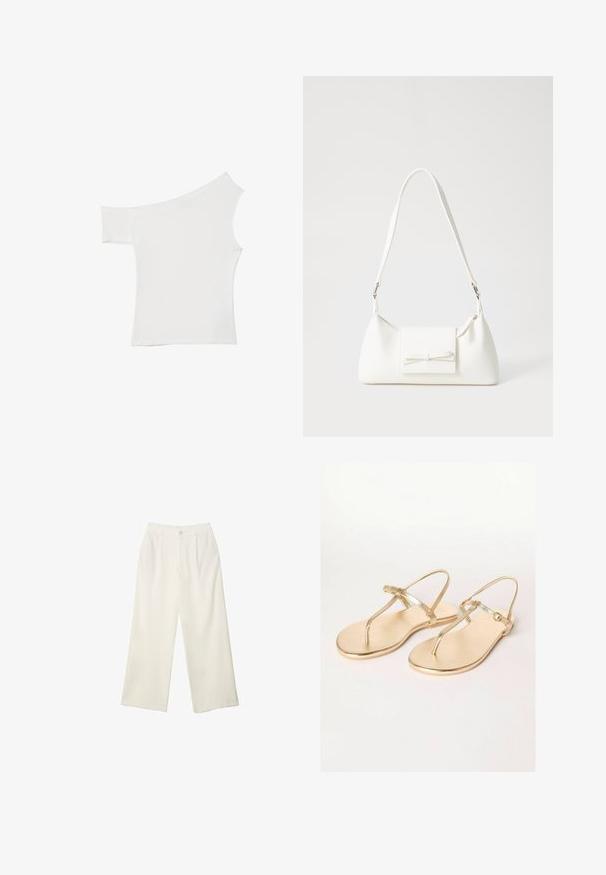 Asymmetrisk hvid top lavet af glat stof, med én kort ærme og en off-shoulder design, med et rent, minimalistisk udseende.; Bredde bukser i cremefarvet stof med en glat tekstur, der har en enkelt knap foran, diskrete folder og design med høj talje.; Friends Like These REGULAR FIT - TOE THONG FIT - Sandaler m/ tåsplit - gold; Hvid syntetisk håndtaske med en trekantet form, flad forsideklap og sløjfedetalje, justerbar strop, glat tekstur og minimalistisk design.