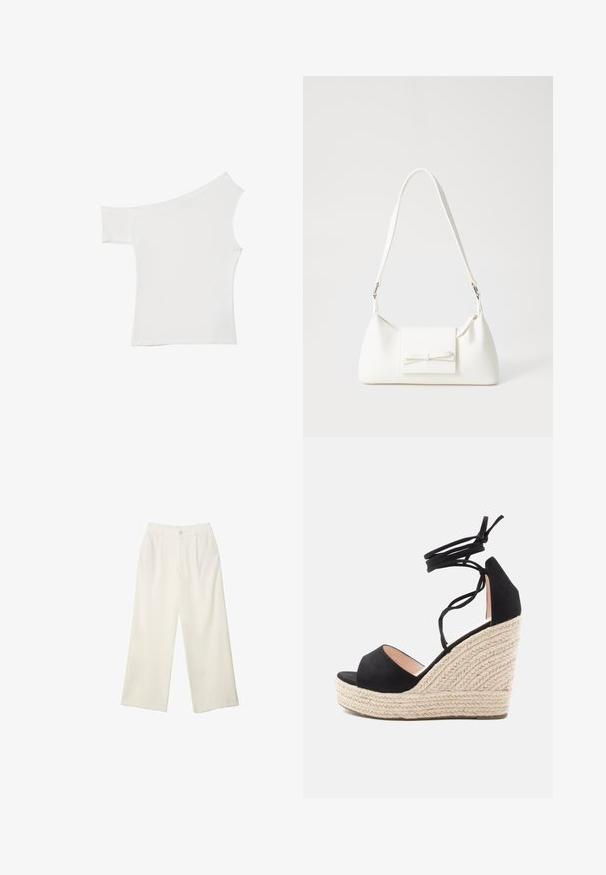 Asymmetrinen valkoinen toppi, joka on valmistettu sileästä kankaasta. Siinä on yksi lyhyt hiha ja yksi olka paljastava muotoilu, ja se huokuu puhdasta, minimalistista ilmettä.; Kermanhousut vaaleassa kankaassa, jossa on sileä rakenne, yksittäinen etunappi, hienovaraiset laskokset ja korkea vyötärömuotoilu.; Mustat mokkanahkatossut korokepohjalla, jossa on punottu juuttialusta, ristiin menevät nilkkahihnat ja avonainen varvasmuotoilu.; Valkoinen synteettinen käsilaukku, jossa on kolmikulmainen muoto, tasainen etu läppä ja nauhadetail, säädettävä olkahihna, sileä rakenne ja minimalinen muotoilu.