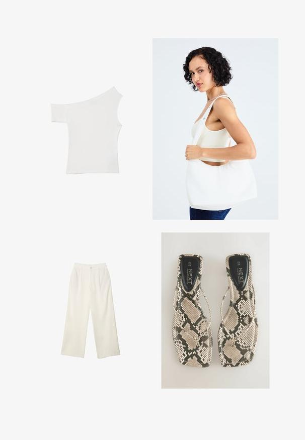 Asymmetrical white top made of smooth fabric, featuring one short sleeve and one off-shoulder design, with a clean, minimalist look.; Wide-leg trousers in cream fabric with a smooth texture, featuring a single front button, subtle pleats, and a high waist design.; Flat sandals featuring a snakeskin pattern in shades of beige and gray, with a thong design and a smooth black insole labeled "NEXT."; White shoulder bag made of smooth material, featuring an oval cutout and wide strap design. Simple and modern with no visible hardware.