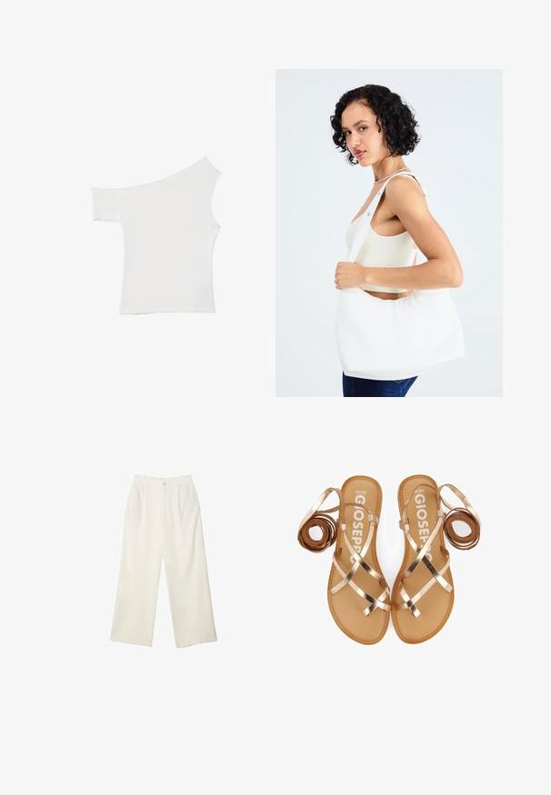 Asymmetrisches weißes Top aus glattem Stoff, mit einem kurzen Ärmel und einem schulterfreien Design, das einen sauberen, minimalistischen Look bietet.; Helle Stoffhose mit weitem Bein und glatter Textur, ausgestattet mit einem einzelnen Knopf vorne, dezenten Falten und einem Hochbund-Design.; Flache Sandalen mit Riemchen aus metallisch rose-goldenen Riemen, beigem Fußbett und einem minimalistischen Design. Sie verfügen über gerollte Riemen auf jeder Seite.; Weißer Schultertasche aus glattem Material mit ovalem Ausschnitt und breitem Tragegurt. Einfach und modern, ohne sichtbare Hardware.