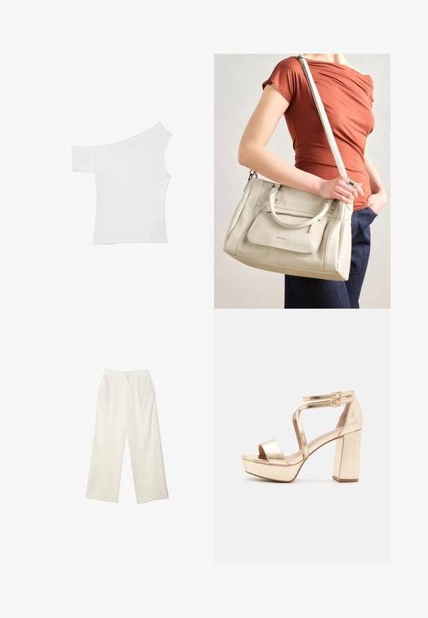 Asymetrický biely top vyrobený z hladkého materiálu, s jedným krátkym rukávom a jedným dizajnom bez ramena, so štýlovým a minimalistickým vzhľadom.; Široké nohavice z krémovej látky s hladkou textúrou, s jedným predným gombíkom, jemnými skladmi a vysokým pásom.; Zlaté metalické platformové sandále s robustným blokovým opätkom, otvorenou špičkou a kríženými členkovými pásikmi s prackami. Hladká textura.; Biela kožená kabelka s dvojitými uchami a odnímateľným popruhom, obsahujúca prednú zipovú kapsu a hladkú textúru. Nesie sa na ramene osoby.