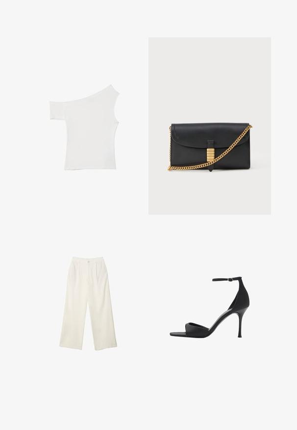 Asymmetrisk vit topp i mjukt tyg, med en kort ärm och en off-shoulder design, med ett rent och minimalistiskt utseende.; Breda byxor i krämfärgad tyg med en mjuk yta, med en enda knapp fram, subtila veck och en hög midja design.; Mango Sandaletter - black; Svart läderkuvert med en vikbar klaff, guldkedjesträng, och en dekorativ guldförzlaring med upphöjda bokstäver, slät yta.