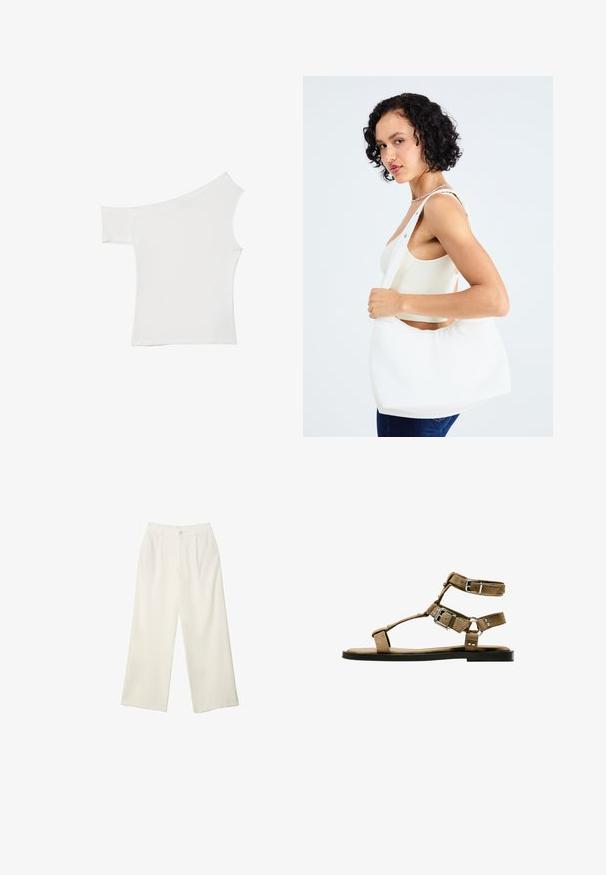 Asymetrický biely top vyrobený z hladkého materiálu, s jedným krátkym rukávom a jedným dizajnom bez ramena, so štýlovým a minimalistickým vzhľadom.; Široké nohavice z krémovej látky s hladkou textúrou, s jedným predným gombíkom, jemnými skladmi a vysokým pásom.; Hnedé semišové sandále s viacerými popruhmi a kovovou prackou v striebornom odtieni, plochou podrážkou, otvoreným dizajnom špičky a decentnými kovovými nitmi.; Biely ramenný vak vyrobený z hladkého materiálu, s oválnym výrezom a širokým popruhom. Jednoduchý a moderný, bez viditeľného kovania.