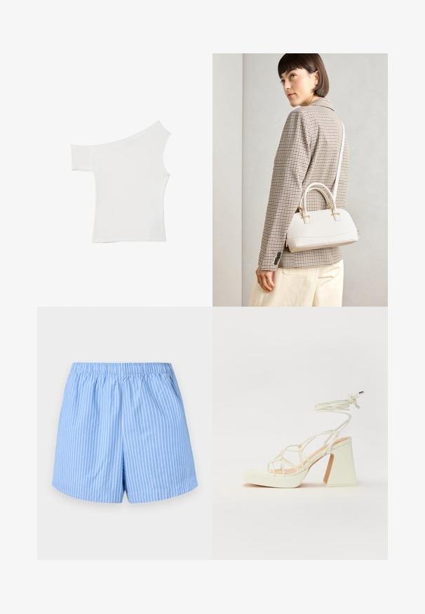 Asymmetrisk vit topp i mjukt tyg, med en kort ärm och en off-shoulder design, med ett rent och minimalistiskt utseende.; Himmelblå shorts med vita vertikala ränder, elastisk midjeband, knälängd och en mjuk bomullstextur.; Vit högklackad sandal med en kraftig klack, med ett remdesign och ankelband. Slät textur med en plattform framtill för ökad höjd.; Vitt strukturerat handväska med korta handtag och en axelrem, med gyllene detaljer och texturerat material, visad mot en grå bakgrund.; Set om fem guldörhängen med olika designer: vridna, räfflade och släta ytor i hoop- och halvmånsformer.