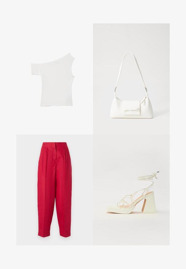 Asymetryczna biała bluzka wykonana z gładkiego materiału, z jednym krótkim rękawem i jednym odkrytym ramieniem, o czystym, minimalistycznym wyglądzie.; Czerwone lniane spodnie z wysokim stanem, plisowanym przodem i zwężanymi nogawkami. Gładka tekstura i minimalistyczny design, bez widocznych elementów metalowych czy wzorów.; Biała sandał na wysokim obcasie z masywnym słupkiem, z paskowym wzorem i wiązaniem przy kostce. Gładka faktura z platformą z przodu dla dodatkowej wysokości.; Biała syntetyczna torba o trójkątnym kształcie, płaskim przednim klapce i detalach w postaci kokardy, regulowanym pasku, gładkiej fakturze oraz minimalistycznym designie.