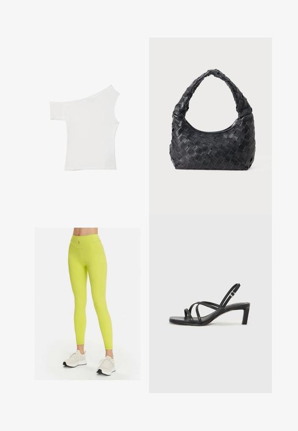 Asimetrični bijeli top od glatkog materijala, s jednim kratkim rukavom i jednim oblinim dizajnom, s čistim, minimalističkim izgledom.; Neon žute tajice s visokim strukom, glatkom teksturom i zakrivljenim šavovima; imaju mali logo na struku. Uparene s bijelim tenisicama.; Crne sandale s trakama, kvadratnim prstom i niskom blok petom. Ima više tankih trakica i podesivu trakicu oko gležnja. Izrađene su od glatke kože.; Crna kožna torba za rame s pletenim uzorkom, zaobljenom drškom i oblikom u obliku polumjesece na jednobojnoj pozadini.