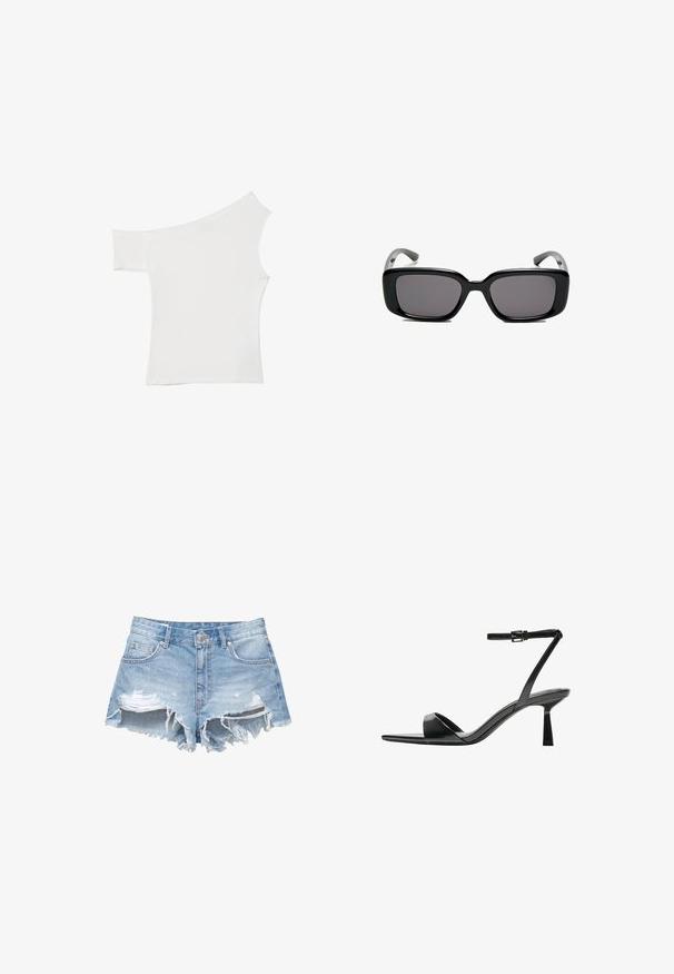 Asymmetrisk vit topp i mjukt tyg, med en kort ärm och en off-shoulder design, med ett rent och minimalistiskt utseende.; Ljusblå denimshorts med fransade kanter och sliten detaljer. Har standardfickor och en metallknäppning.; Bershka Sandaletter - black; Svarta rektangulära solglasögon med mörka linser, slimmad plastbåge och böjda tempel. Designen är kraftig med en minimalistisk estetik.