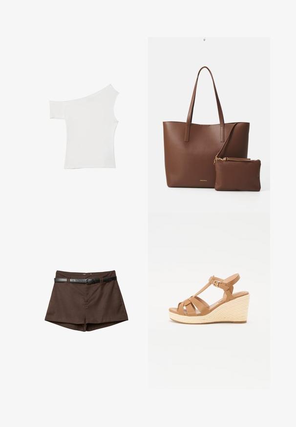 Asymmetrical white top made of smooth fabric, featuring one short sleeve and one off-shoulder design, with a clean, minimalist look.; Brown tailored shorts with a slim black belt threaded through belt loops, displayed on a white background.; Tan wedge sandals featuring a cross-strap design, adjustable ankle buckle, and a textured woven espadrille-style wedge.; Brown faux leather tote bag with two long handles and a matching small pouch. The surface features a textured pattern and gold hardware accents.