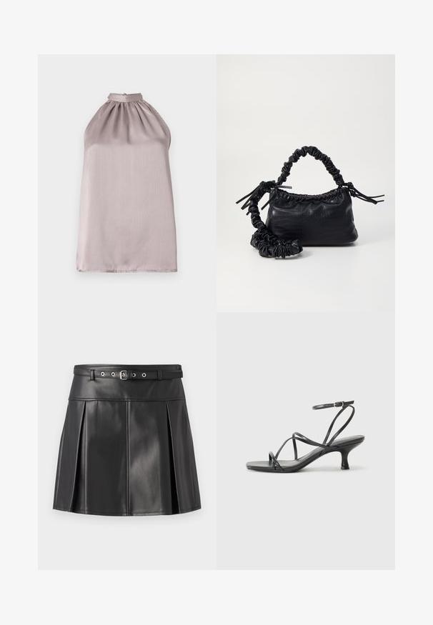 Top s halter vratom, bez rukava, v svetlo mauve satenu z nabranimi detajli na izrezu in gladko, rahlo odsevno teksturo.; Črna nabranega krila iz umetnega usnja z oprijetim pasom, pasom in srebrnimi dodatki. Gladka tekstura.; Črne sandale na peto z tankimi trakovi, odprto zasnovo na prstih in majhno, rahel okrogel peto. Material se zdi gladek in sijoč.; Črna torbica iz umetnega usnja s krokodilovo teksturo, z zvitim vrhom in zmečkano naramico. Zdi se mehka in kompaktna v oblikovanju.