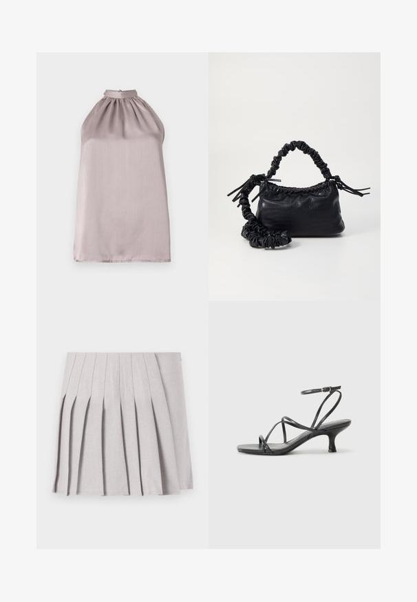 Kumerkaelusega, varrukateta särk heledas mauvee satiinis, millel on kogutud detailid kaeluses ja sile, veidi peegeldav tekstuur.; Hallgray plekilise seelik sujuva tekstuuriga, millel on mitu vertikaalset voldikest ja sobiv talje. Valmistatud kerge kangaga.; Mustad mustad sandaalid õhukeste rihmadega, avatud varba kujundusega ja väikese rippuva kontsaga. Materjal näeb välja siledana ja läikivana.; Must must sünteetilisest nahast käekott, millel on krokodillimuster, kokku tõmmatav ülaosa ja kortsus rihm. Tundub pehme ja kompaktne disain.