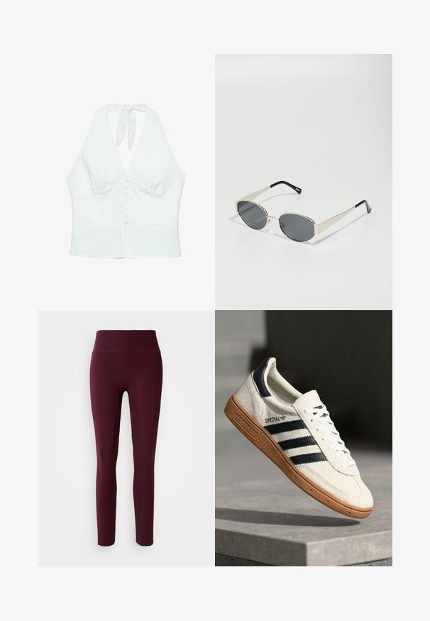 Top halter in lino bianco con scollatura a V profonda, chiusura a bottoni e laccio al collo. Tessuto morbido, design aderente.; Leggings bordeaux con vita alta, realizzati in tessuto elasticizzato, caratterizzati da una texture liscia e un design aderente. Nessun motivo o dettaglio visibile.; Sneaker bianca in suede con strisce blu navy, suola in gomma, parte superiore testurizzata, punta rotonda e lacci; presenta un marchio sul lato e sulla linguetta.; Occhiali da sole con lenti ovali grigie, montatura in metallo argento e dettagli neri sulle astine. Presentano un design elegante e hardware minimale.; Borsa a tracolla in pelle nera con forma rettangolare, chiusura piatta e una sola tracolla. Caratterizzata da una superficie liscia e da minimi dettagli in metallo.