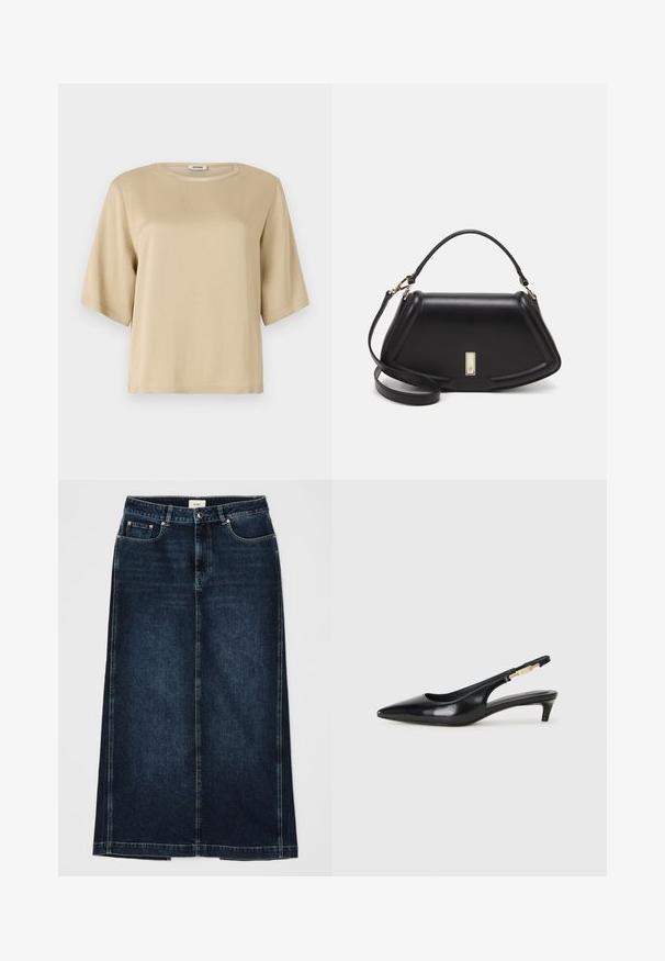 Beige cotton t-shirt with a rounded neckline, short sleeves, and a relaxed fit. Smooth texture and no visible patterns or embellishments.; Dark denim skirt with a straight shape, knee-length. Features front pockets, a zipper closure, and subtle stitching details along seams.; Black leather slingback heels with a pointed toe, featuring a slim heel and a gold-tone accent on the adjustable strap. Smooth texture.; Black leather handbag with a structured design, featuring a cropped shape, top handle, and gold hardware accent. Adjustable shoulder strap included.