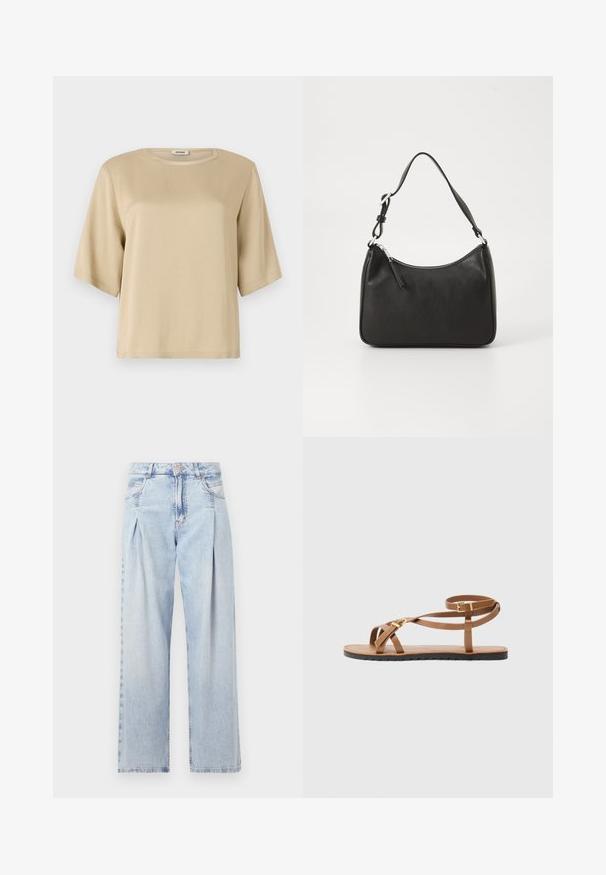 Beige cotton t-shirt with a rounded neckline, short sleeves, and a relaxed fit. Smooth texture and no visible patterns or embellishments.; Light blue denim jeans with a high waist, wide-leg cut, two side pockets, and pleated design feature. Soft texture with a faded finish.; Brown leather sandal with thin strappy design, featuring a gold-tone buckle and flat black sole with zigzag edge.; Black leather handbag with a curved shape, a single strap, zip closure, and subtle branding on the front. Smooth texture, minimalist design.