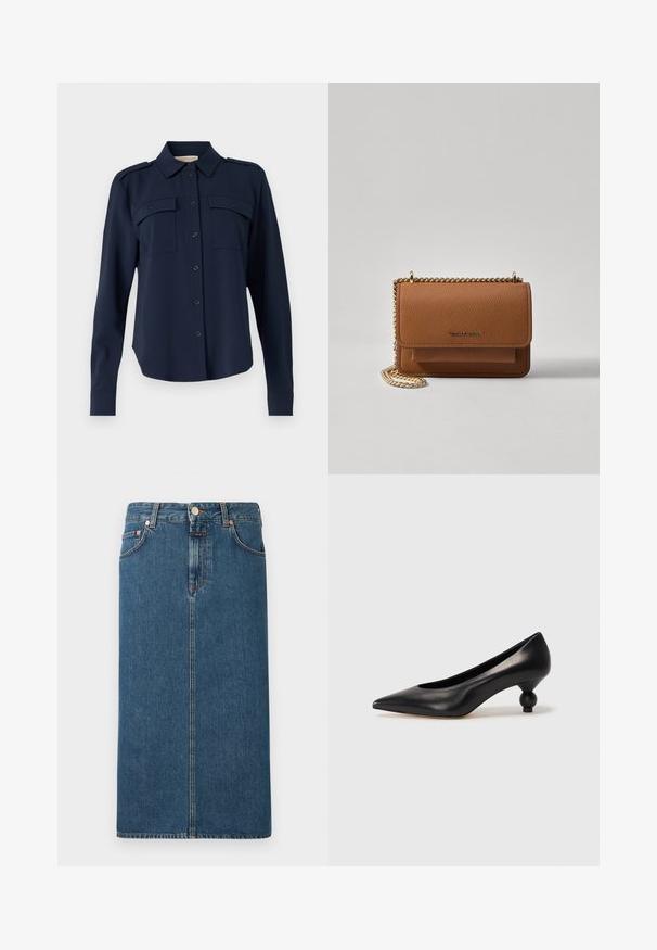 Cămașă albastră închis, cu nasturi, realizată dintr-un material moale. Dispune de două buzunare la piept, epoleți pe umeri și mâneci lungi cu manșete cu nasture.; Fustă midi din denim, de culoare albastru închis, cu un croi dreaptă, buzunare frontale și accesorii de culoare cupru. Prezintă cusături pe marginile cusăturilor și închidere cu nasture.; Pantofii cu toc înalt din piele neagră, cu vârf ascuțit și toc rotund, mimos. Textură netedă, cu un design elegant și minimalist.; Geantă crossbody din piele texturată maro, cu curea din lanț aurit și închidere cu clapetă. Partea din față prezintă detalii cu logo și o buzunar sub clapetă.