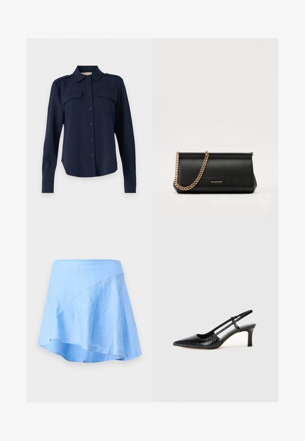Námořnická modrá košile na knoflíky vyrobená z měkkého materiálu. Obsahuje dvě náprsní kapsy, ramenní epauletky a dlouhé rukávy s knoflíkovými manžetami.; Světle modrá lněná sukně s áčkovým střihem a asymetrickým lemem. Disponuje hladkým povrchem a minimálními švy.; Černé lakované slingback podpatky s špičatou špičkou, zdobené texturovaným hadím vzorem, nastavovacím páskem a krátkým texturovaným blokovým podpatkem.; Černá kožená psaníčko s zlatým řetízkem, vyznačující se hladkým povrchem, obdélníkovým tvarem a reliéfním logem na přední straně.