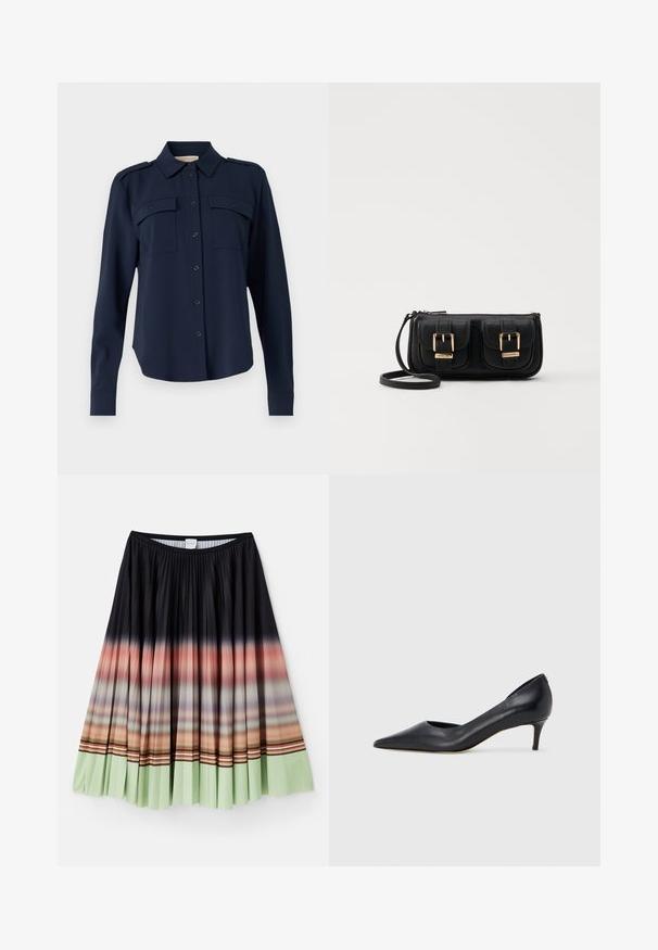 Mornaricno plava košulja dugih rukava izrađena od mekanog materijala. Ima dva džepa na prsima, epoletu na ramenima i dugmadi na manžetama.; Crna plisirana suknja s ombre gradijentom koji prelazi s narančaste na mentol zelenu na rubu, s šarenim prugastim akcentima.; Crna kožna cipela s vrhom u špic i niskom petom. Ima glatku teksturu i suptilan sjaj. Prednji dio je otvoren za dodatni detalj.; Crna kožna torba preko ramena s dva prednja džepa, zlatnim kopčama, zatvaranjem na zip i uskim remenom. Teksturirana površina i kompaktan pravokutan oblik.