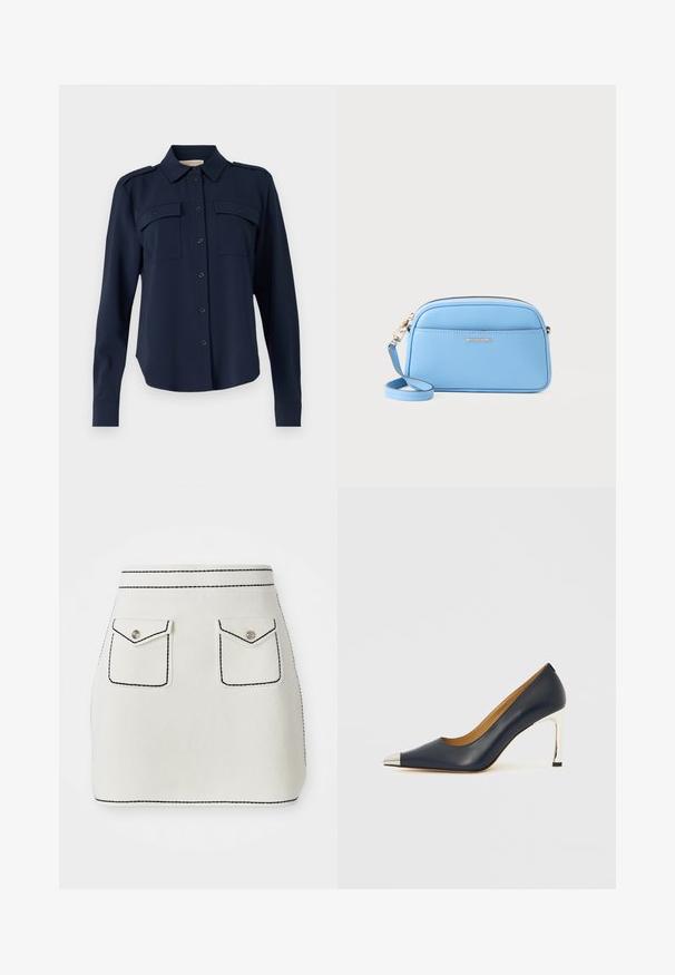 Navy blue button-up shirt made of soft fabric. Features two chest pockets, shoulder epaulets, and long sleeves with buttoned cuffs.; White fabric mini skirt with black stitching, featuring two front pockets with flaps and silver button accents. Smooth texture with structured shape.; Navy leather high heel shoe with a pointed toe, featuring a silver metallic cap and a shiny silver stiletto heel.; Light blue leather crossbody bag with gold-tone hardware, zip closure, and a front pocket. Features an adjustable strap for convenience.
