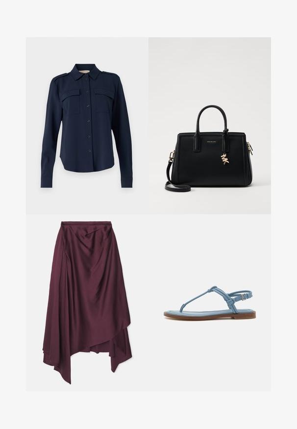 Námornícky modrá košeľa na gombíky vyrobená z jemného materiálu. Obsahuje dve náprsné vrecká, ramenné epauletky a dlhé rukávy s gombíkovými manžetami.; Bordová saténová sukňa s asymetrickým lemom, s jemným drapovaním a hladkým povrchom. Bez viditeľných zapínaní alebo vzorov.; Modré kožené tanga sandále s plochou podrážkou, s úzkym dizajnom popruhu a sponou na členku pre bezpečné prispôsobenie.; Čierna kožená kabelka so štruktúrovaným dizajnom, dvojitými hornými uchami, odnímateľným ramenným popruhom, zlatými kovovými detailmi a akcentom logového prívesku.