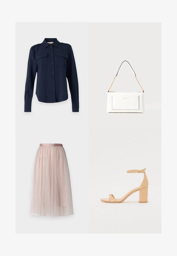 Chemise boutonnée bleu marine en tissu doux. Elle comporte deux poches poitrine, des épaulettes et des manches longues avec des poignets boutonnés.; Ida Sjöstedt FLAWLESS SKIRT - Jupe trapèze - pastel mink; Sandales à talons en cuir verni nude avec un orteil carré, une sangle à la cheville et un talon bloc chunky. Texture lisse et détails de design minimalistes.; Sac à main en cuir blanc avec un fini texturé, doté d'une bandoulière en chaîne dorée et d'accents noirs. Comprend une poche avant et une fermeture éclair.