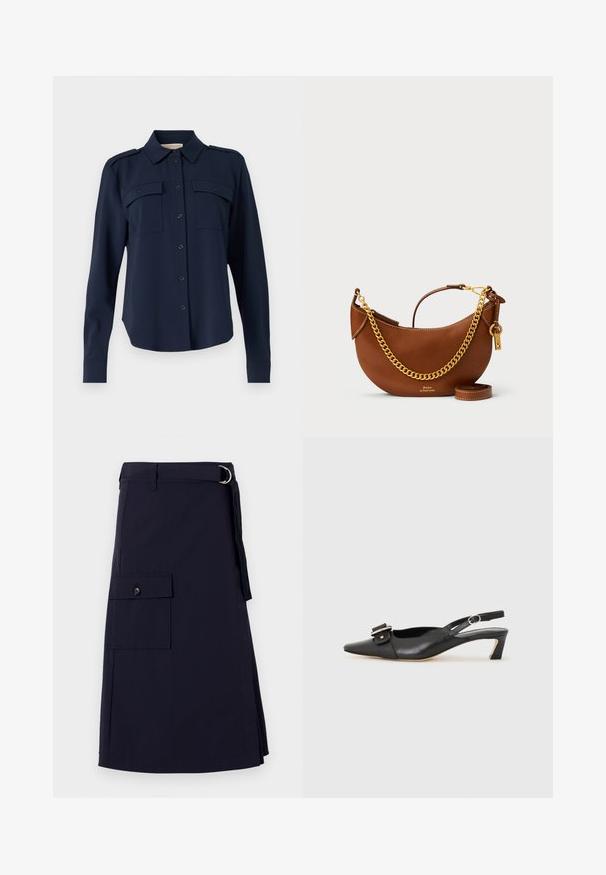 Navyblaues Hemd mit Knopfleiste aus weichem Stoff. Verfügt über zwei Brusttaschen, Schulterklappen und lange Ärmel mit geknöpften Manschetten.; Marineblaue Rock mit strukturiertem Design, ausgestattet mit einer seitlichen Cargo-Tasche und einem Metall-D-Ring-Gürtelakzent. Hergestellt aus strapazierfähigem Stoff.; Schwarzer Leder Slingback-Schuh mit spitzer Zehenform, kleinem Absatz und dekorativem Schnallen-Detail auf dem Obermaterial. Glatte Textur, minimalistisches Design.; Braune Lederhandtasche mit geschwungenem Design, goldener Kettenriemen, Innentasche und abnehmbarem Schulterriemen. Mit kontrastierenden Nähten.