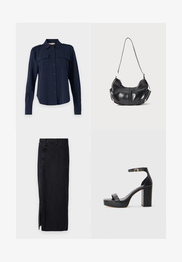 Navyblaues Hemd mit Knopfleiste aus weichem Stoff. Verfügt über zwei Brusttaschen, Schulterklappen und lange Ärmel mit geknöpften Manschetten.; Schwarzer Denimrock mit hoher Taille, der über einen seitlichen Schlitz und ein klassisches Fünf-Taschen-Design verfügt. Glatte Textur und gerade Silhouette.; Schwarze Plateausandalen mit dickem Blockabsatz, glattem Leder, offener Zehenpartie und einem Knöchelriemen mit goldfarbener Schnallenakzent.; Schwarze lederne, mondförmige Schultertasche mit silbernen Reißverschlüssen auf beiden Seiten und einem einzigen Trageriemen.