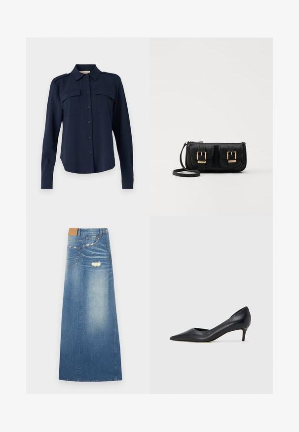 Tengerészkék gombos ing, puha anyagból készült. Két mellzsebe van, vállpántokkal és hosszú ujjakkal, amelyek gombos mandzsettával záródnak.; Világoskék farmer maxi szoknya magas derékkal, koptatott részletekkel, zsebekkel és egyenes szabással, pamut anyagból készült.; Fekete bőr magassarkú cipő hegyes orral és alacsony sarokkal. Sima felülettel és enyhe fényű kialakítással rendelkezik. Az elején nyitott részlet a fokozott díszítésért.; Fekete bőr keresztbody táska két elülső zsebbel, arany csattokkal, cipzáras záródással és vékony pánttal. Textúrált felület és kompakt téglalap alak.