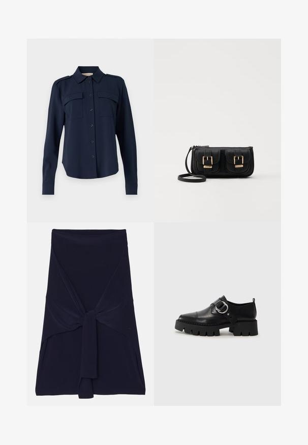 Navy blå button-up skjorte laget av mykt stoff. Har to brystlommer, skulderepauleter og lange ermer med knappedempede manchetter.; Mørkeblå omslagskjørt laget av myk, elastisk stoff med et knyttedesign foran, som har en jevn tekstur og skreddersydde kanter.; Sorte læringssko med en kraftig ribbet såle, som har en sirkulær sølvfarget detalj og minimal sømdekorasjon.; Svart skinn crossbody veske med to frontlommer, gyldne spenner, glidelåslukking og en slank stropp. Teksturert overflate og kompakt rektangulær form.