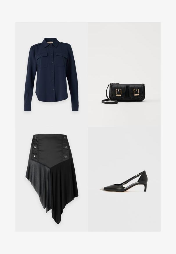 Cămașă albastră închis, cu nasturi, realizată dintr-un material moale. Dispune de două buzunare la piept, epoleți pe umeri și mâneci lungi cu manșete cu nasture.; Fustă asimetrică neagră, realizată dintr-un amestec de țesături mate și texturate, cu detalii din nasturi argintii la talie și un design cu margine stratificată.; Pantof de damă din piele neagră cu toc kitten, vârf ascuțit argintiu și două curele cu cataramă, pe fundal alb.; Geantă neagră din piele, tip crossbody, cu două buzunare frontale, catarame aurii, închidere cu fermoar și o curea subțire. Suprafață texturată și formă rectangulară compactă.