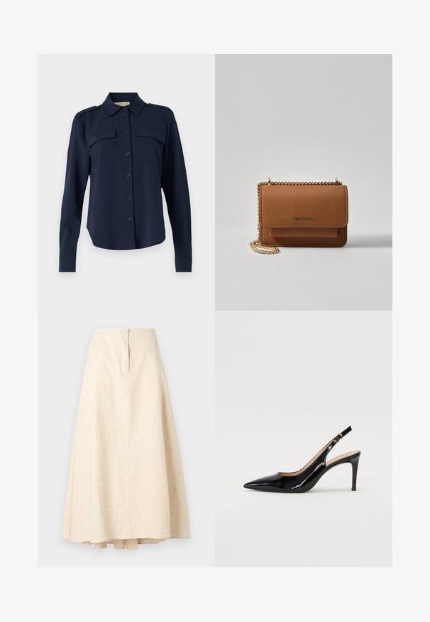 Mornaricno plava košulja dugih rukava izrađena od mekanog materijala. Ima dva džepa na prsima, epoletu na ramenima i dugmadi na manžetama.; Bež midi suknja od lana s raširenim oblikom, središnjim šavom i ukrasnim gumbom na struku. Glatka tekstura i lagana tkanina.; Crne lakirane slingback cipele s oštrim vrhom, uskim potpeticama i suptilnim izrezom. Sadrže zlatnu kopču na traku.; Smeđa kožna torba preko tijela s teksturom, zlatnim lančićem i preklopom na zatvaranju. Na prednjoj strani nalazi se detalj s potpisom i džep ispod preklopa.